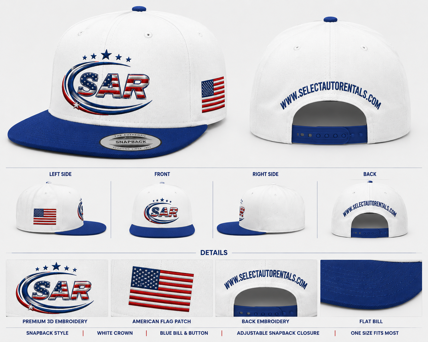 SAR Patriot Snapback Hat white crown blue bill embroidered logo American flag patch