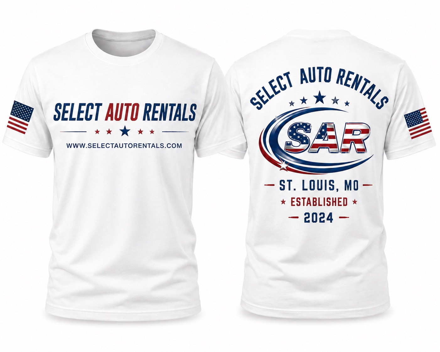Select Auto Rentals patriotic white t-shirt