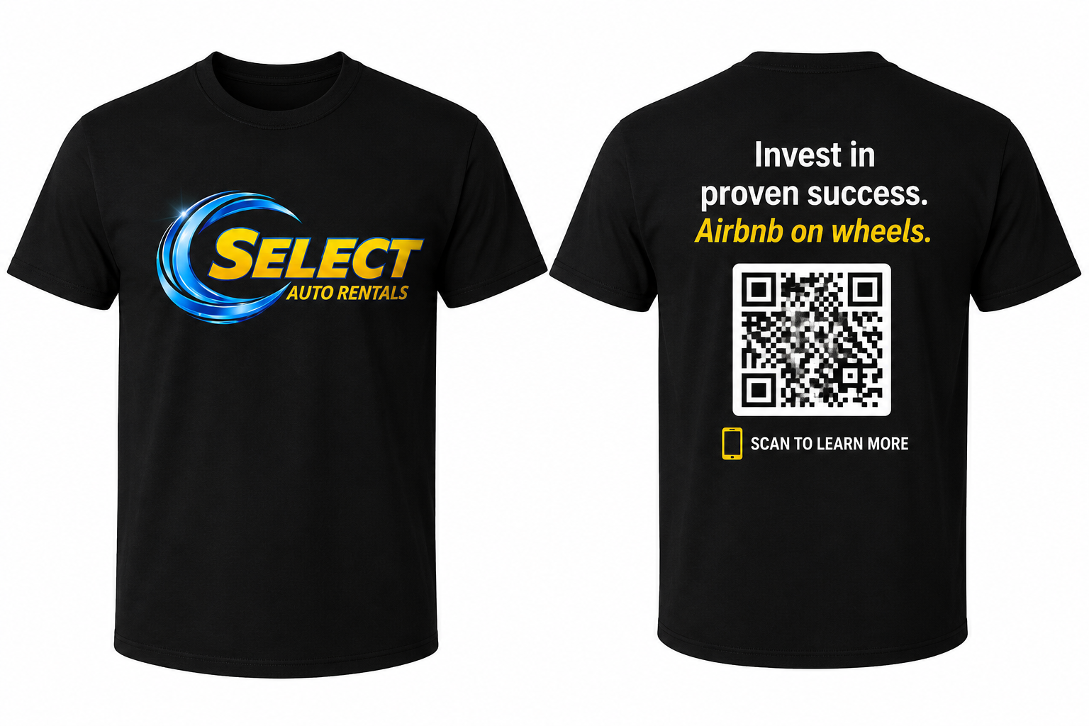 Select Auto Rentals black investor t-shirt front and back mockup